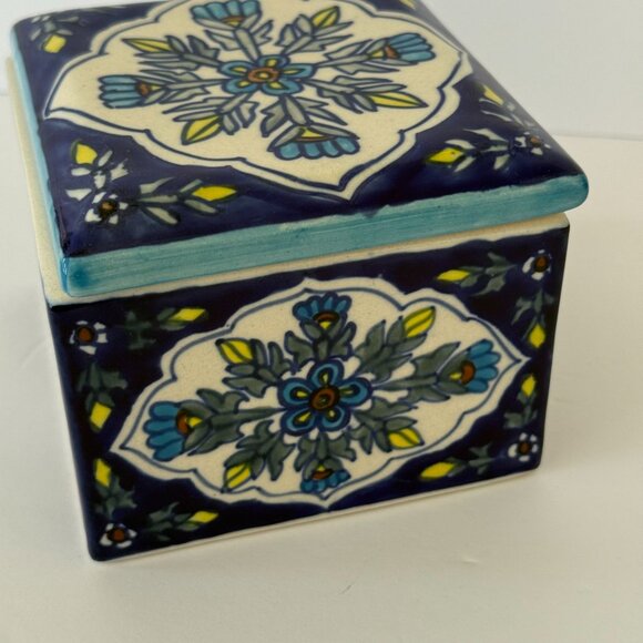 World Market Ceramic Square Trinket Box With Floral Design & Blue Yellow Accents - Picture 7 of 8